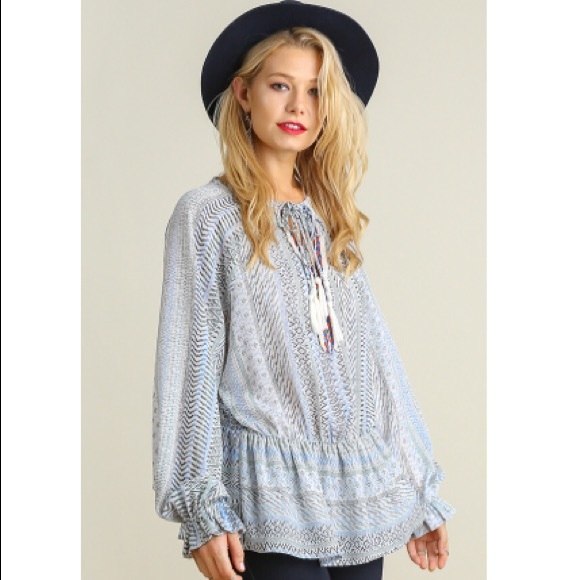 Umgee Blue Peasant Blouse - Picture 2 of 2